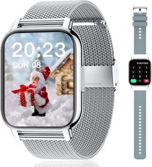 Popglory Smartwatch für Damen und Herren, 1,85 Zoll Touch-Farbdisplay mit Bluetooth-Anrufen, Fitnessuhr mit SpO2-Blutdruckmessgerät, Herzfrequenz, Schrittzähler, Schlafüberwachung, Musikwiedergabe,