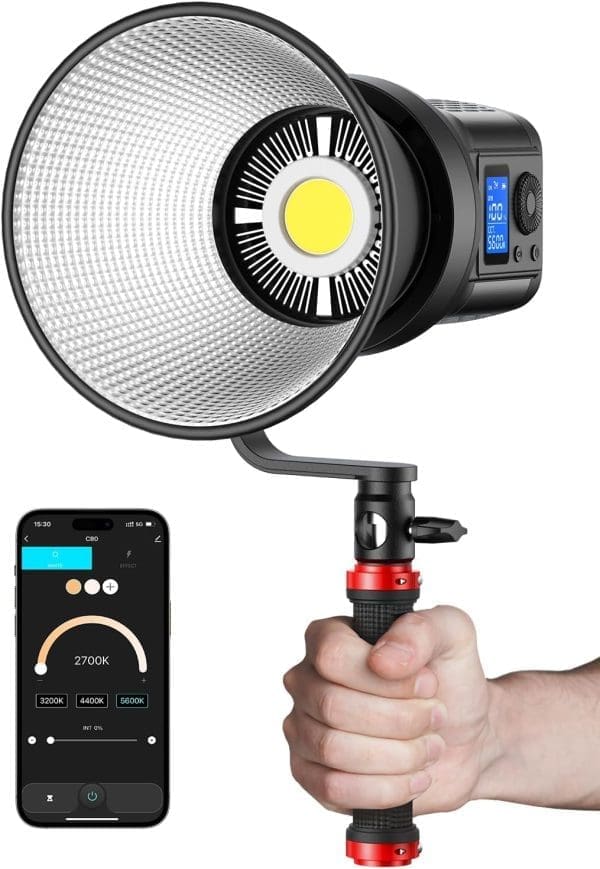 RALENO 80 W LED-Studio-Videoleuchte, Videoleuchte mit zwei Farbtemperaturen, App-Steuerung, Dauerlicht, Tageslicht 3200 K–5600 K, CRI 95+, dimmbar 1 %–100 %, Dual-Power-Modus-Fotoleuchte für Videofotografie