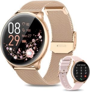 RUXINGX Damen-Smartwatch mit Telefonfunktion, 1,32-Zoll-HD-Voll-Touchscreen-Uhr mit SpO2, Herzfrequenzmesser, Menstruationszyklus, Schlafmonitor, Schrittzähler, Kalorien, Fitness-Tracker, IP68, iOS, Android, Roségold