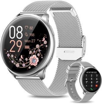 RUXINGX Smartwatch Damen Herren mit Telefonfunktion, 1,32 Zoll HD Voll Touchscreen, Armbanduhr mit SpO2 Pulsuhr Menstruationszyklus Schlafmonitor Schrittzähler Kalorien IP67 für iOS Android Silber