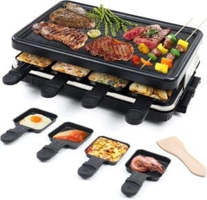 Raclette 8 Personen - Raclette Grill Antihaft Beschichtung Grillpfanne mit 8 Mini Raclette Pfännchen und 4 Holzspatel Raklettgerät, 1300W