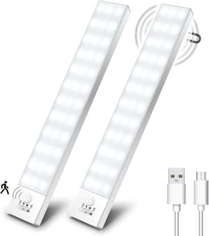 Schrankbeleuchtung LED mit Bewegungsmelder 2 Stück Schranklicht Schrankleuchte Led Leiste Batterie USB Wiederaufladbar Unterbauleuchte Küche für Kleiderschrank, Treppe, Kofferraum, RV