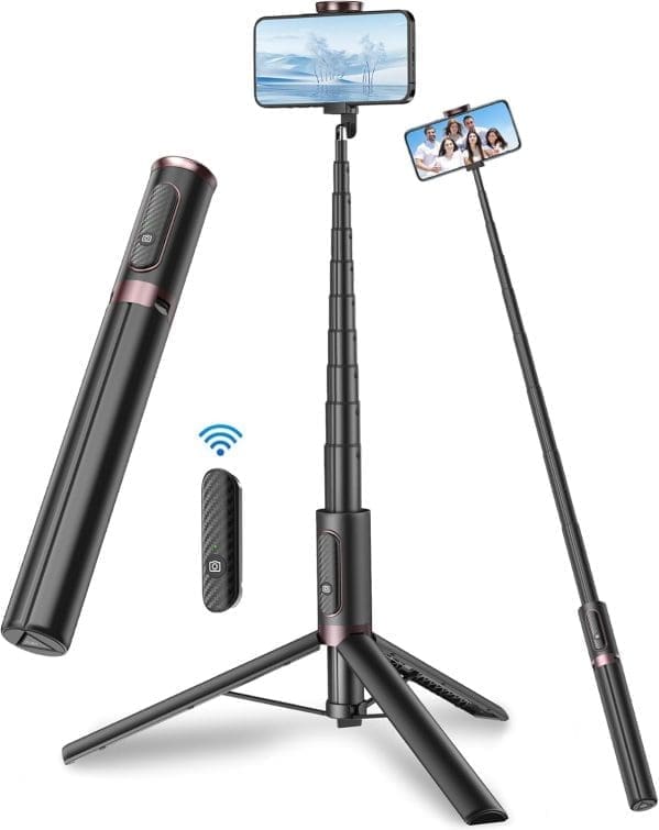 TONEOF 170CM Selfie Stick Stativ, Ausziehbares All-in-1 Handy Stativ aus Aluminium mit kabelloser Fernbedienung&10 Teleskopstange, Drehbar Handyhalter, Stativ für iPhone/Android-Schwarz