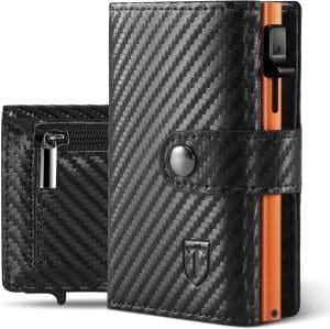 Tomylv Geldbörse Herren Slim Wallet mit RFID-Schutz Stilvoll Kohlefaserleder Portmonee Herren mit Münzfach, Tragbar Mini Kreditkartenetui Kartenetui, Banknotenfächer, Ausweisfenster - Schwarz Orange