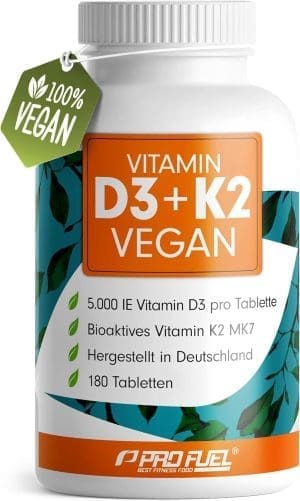 Vitamin D3 K2 VEGAN - 180 Tabletten mit 5000 IE D3 + 200 mcg K2 (MK7) - Vitamin D3 hochdosiert und vegan - Vorratspackung - laborgeprüft mit Zertifikat - ohne unerwünschte Zusatzstoffe