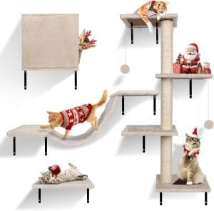 Zvonema Kletterwand für Katzen-10-teilig Katzen Kletterwand Set,Große Hängebrücke,Kratzsäulen mit Sisal,Ruhe und Spielwandregal mit Spurenkugel,Katzenmöbel für den Innenbereich bis 10 kg