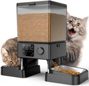 oneisall 5L Automatischer Katzenfutterspender 2 Schüsseln, Katzenfutter automatisch mit einem Knopf, einfach zu bedienen, Futterspender für Katzen/Hunde, mit Edelstahlnapf, Sprachaufzeichnung, für kleine/mittlere Haustiere