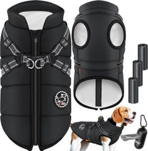 LOVPET® Hundejacke Hundemantel mit Geschirr, inkl. 45 Stück Kotbeutel + Spender, Hunde Winterweste gefüttert wasserdicht, Gepolsterte Weste Mit Brustgurt, Reflektoren, D-Ring M, Schwarz