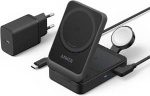 Anker MagGo 3-in-1 Ladestation, Qi2 zertifizierter 15W kabelloser Ladeständer, MagSafe kompatibel, Apple Watch Ladegerät, Für iPhone 16/15/14, AirPods, Apple Watch 9 (Mit 40W USB-C Netzteil)