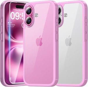 TAURI 3 in 1 für iPhone 16 Hülle, Handyhülle für iPhone 16 Case, (Vergilbt Nicht) Schlanke, Stoßfeste Telefon Hülle - Rosa