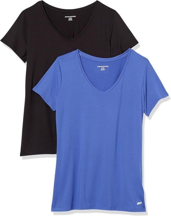 Amazon Essentials Damen Tech-Stretch-T-Shirt mit kurzen Ärmeln und V-Ausschnitt (erhältlich in Übergröße), 2er-Pack