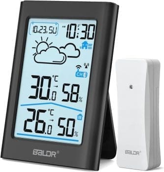 BALDR Wetterstation Funk mit Außensensor, Digital DCF-Funkuhr Thermometer Innen/Außen Temperaturanzeige Funk,Raumthermometer,Hygrometer, Wettervorhersage, Uhrzeitanzeige, Wecker,3,7 Zoll Display