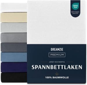 Dreamzie Premium Spannbettlaken 180x200 cm, Spannbetttuch für Dicke Matratzen bis zu 27 cm, Bettlaken 100% Jersey Baumwolle, 150 g/m², Oeko-TEX Zertifiziert - Weiß