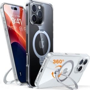 TORRAS 360° Ostand Spin für iPhone 16 Pro Hülle für Magsafe (Magnetischer Robuster Standring) Zertifizierte Militärschutz Diamant-Klar Anti-Vergilbung Hülle für iPhone 16 Pro Case Transparent