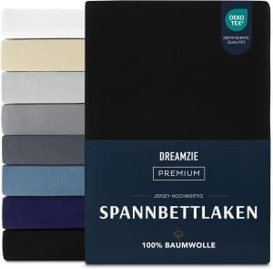 Dreamzie Premium Spannbettlaken 180x200 cm, Spannbetttuch für Dicke Matratzen bis zu 27 cm, Bettlaken 100% Jersey Baumwolle, 150 g/m², Oeko-TEX Zertifiziert - Schwarz