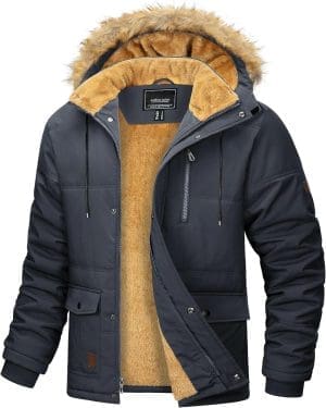 MAGCOMSEN Herren Winter Parka Jacke Winddicht Outdoor Warme Fleecejacke Freizeit Übergangsjacke Wasserabweisende Gefüttert Wanderjacke Verdickt Arbeits Jacken mit Abnehmbar Kapuze