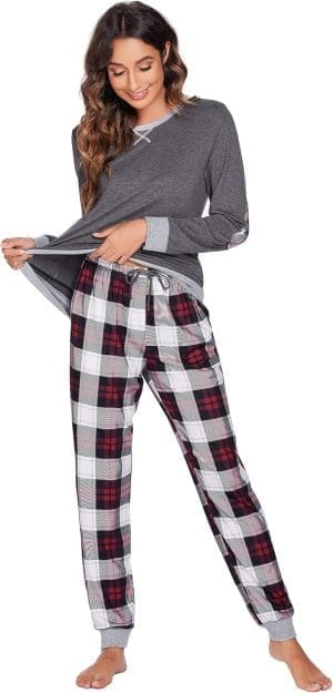 UNibelle Schlafanzug Damen Lang Kariert Pyjama Set Winter Warm Zweiteilige Nachtwäsche Langarm Nachtwäsche und Karierte Pyjamahose Hausanzug Freizeitanzug S-XXL