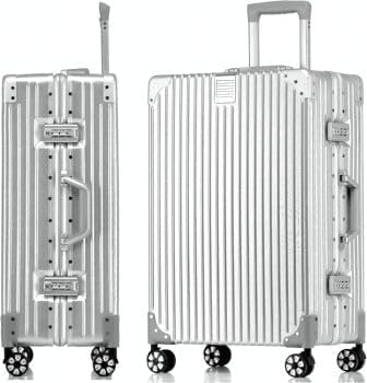 Hartschalen-Koffer, Trolley-Koffer, Reisekoffer, Handgepäck, Teleskopgriff, TSA, 4 Rollen, Silber (Aluminiumrahmen + PC), Hartschalen-Trolley mit drehbaren Rollen