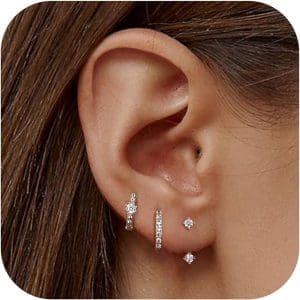 JeweBella 3 Paar Ohrringe 925 Silber Set für Damen 14 Karat vergoldet Kleine Ohrstecker Silber 925 Set Stapelbare Zirkonia Ohrstecker Creolen Set für mehrere Piercings