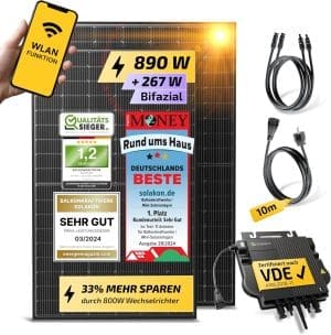 Solakon® 890W Balkonkraftwerk - Balkonkraftwerk 800W komplett Steckdose - neuester 800 Watt Wechselrichter - Solaranlage Komplettset - 445W bifaziale Solarmodule inkl. Zubehör - 10m Kabel