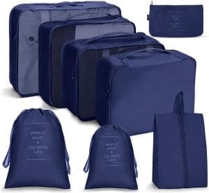 OSDUE Koffer-Organizer-Set, 8-teilig, Packwürfel, wasserdichte Reise-Kleidersäcke, Packtaschen für Koffer, Packwürfel mit Kosmetiktasche, Schuhtasche, USB-Kabeltasche, Typ B-8 Stück, Marineblau