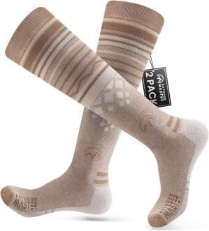 OutdoorMaster 2 Paar Unisex Merinowolle Skisocken für Damen & Herren, Winter Snowboarding Atmungsaktive Socken für Outdoor-Sportarten mit OTC Design/Anti-Rutsch-Bündchen