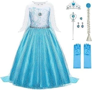 URAQT Mädchen Prinzessin Kostüm, Kinder Kleid 6-teiliges Set mit Krone Diadem Handschuhe Zauberstab usw. für Weihnachten Verkleidung Karneval Halloween,120CM