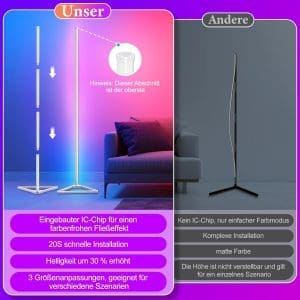 LED Stehlampe, RGBIC Stehlampe Wohnzimmer Dimmbar, 140 cm abnehmbare Stehlampe, Schwarz, Stehlampe LED mit App, 16 Millionen Farben, Bodenleuchte, 300 Szenenmodi, Musikmodus & Timing-Funktion,