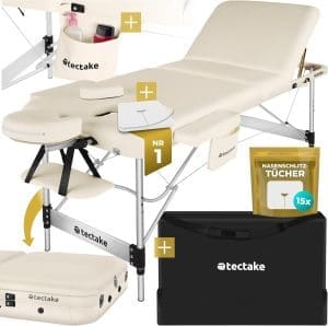 tectake® Massageliege 3 Zonen, Massagetisch, Massageliege klappbar, höhenverstellbare Aluminium Massageliege, Massagebett tragbar inkl. Zubehör, Kopfstütze, Armlehne, Tragetasche - beige