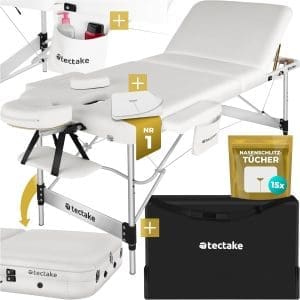 tectake® Massageliege 3 Zonen, Massagetisch, Massageliege klappbar, höhenverstellbare Aluminium Massageliege, Massagebett tragbar inkl. Zubehör, Kopfstütze, Armlehne, Tragetasche - weiß