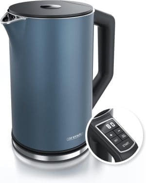 Arendo - Edelstahl Wasserkocher mit Temperatureinstellung 40-100 Grad in 5er Schritten - Doppelwand Design - Modell ELEGANT - 1,5 Liter - 2200 W - Teekocher mit Temperaturanzeige - GS - Admiral Blau