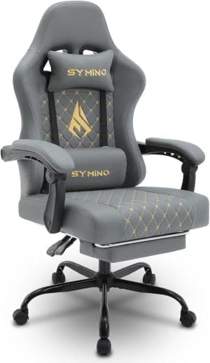 Symino Gaming Stuhl Racing Gamer Stuhl - Ergonomischer Gaming Sessel mit Lendenwirbelstütze, verstellbare Armlehnen, Gaming Chair mit Fußstütze Vintage PU Leder 200KG, Grau