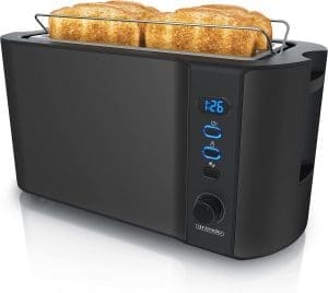 Arendo - Edelstahl Toaster Langschlitz 4 Scheiben - Defrost Funktion - wärmeisolierendes Gehäuse - mit integriertem Brötchenaufsatz - Krümelschublade - Display mit Restzeitanzeige - Schwarz Matt