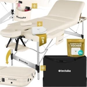 tectake® Massageliege 3 Zonen, Massagetisch, Massageliege klappbar, höhenverstellbare Aluminium Massageliege, Massagebett tragbar inkl. Zubehör, Kopfstütze, Armlehne, Tragetasche - beige