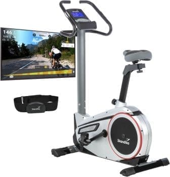 Skandika Ergometer Morpheus | Heimtrainer für Zuhause, 12 kg Schwungmassensystem, 32 Stufen, 24 Programme, App kompatibel mit Kinomap, Pulsgurt, Tablethalterung | Indoor-Fahrrad bis 150 kg