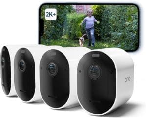 Arlo Pro 5 Überwachungskamera Aussen WLAN, 2K+ HDR Video, Kabellos, Verbesserte Farbnachtsicht, 160° Blickwinkel, Spotlight, 2-Wege Audio, Alarm Sirene Secure Testzeitraum, 4er Set, Weiß