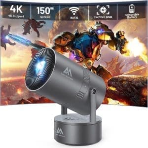 (Eingebauter Akku) Aubor Mentech Mini Beamer 4K Heimkino, Mini Projektor, Beamer WiFi6 und BT5.2 mit Android OS, Auto Trapezkorrektur, 180-Grad-Winkel, 150-Zoll-Display für Phone/PC/Xbox, HDMI