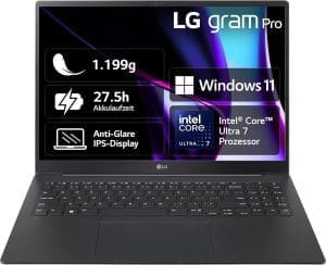 2024 LG gram Pro 16 Zoll Notebook - 1199g Intel Core Ultra7 Laptop (32GB RAM, 2TB Dual SSD, 24,5h Akkulaufzeit, IPS Panel Anti-Glare Display, Win 11 Home) - Schwarz