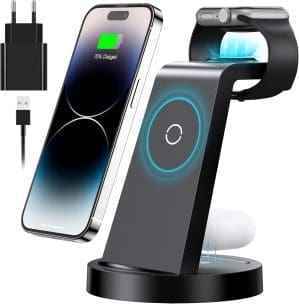 3 in 1 iPhone Ladestation Schnelles kabelloses Ladegerät für Apple - Wireless Charger für iPhone 16 15 14 13 12 11 Pro SE X XS XR 8 & Apple Watch 9 8 7 6 SE 5 4 3 2 Air Pods Pro mit 18W Schnelladapter