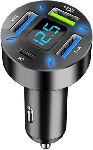 4-Port USB C Autoladegerät, Zigarettenanzünder-Adapter, 50 W QC3.0, PD-Schnellladegerät mit LED-Voltmeter, 12 V USB-Buchse, kompatibel mit iPhone, Android, Samsung, Tablet und allen Smartphones