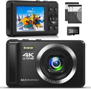 4K 64MP Digitalkamera mit 32 GB Speicherkarte Autofokus-Kompaktkamera mit 16-fachem Digitalzoom, wiederaufladbare 2 1200mAh Batterien 2,4-Zoll-Mini-Kinderkamera für Anfänger