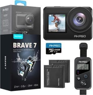 AKASO Brave 7 Action Cam 4K30FPS mit 64GB U3 microSDXC Speicherkarte 20MP WiFi Unterwasserkamera IPX8 Wasserdicht Action Kamera EIS 2.0 mit Touchscreen, Zoom, Sprachsteuerung und 2x1350mAh Akkus