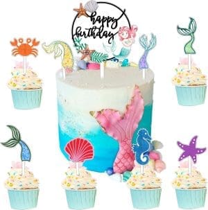 ALEGRE Meerjungfrau Kuchendeko Geburtstag Mädchen, 9 Stück Meerjungfrau Geburtstagsdeko Kuchen aus Acryl, Meerjungfrau Kuchen Topper Alles Gute zum Geburtstag Kuchendeko, Ozean Thema Kuchendeko Kinder