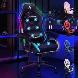 ALFORDSON Gaming Stuhl mit 8-Punkt-Massage 12 Farben RGB LED-Licht, Bürostuhl Ergonomisch mit Fußstützen, Kopfstütze Lendenkissen für Kinder Erwachsene, Schwarz