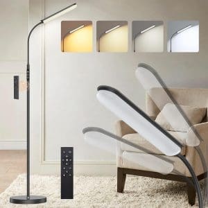 ANTENLICHT LED Stehlampe, Sofa Stehlampe Dimmbar mit Fernbedienung, 4 Farbtemperaturen und 4 Helligkeiten, 30 Minuten & 1 Stunde Timer, 15W Stehlampe Schwarz für Schlafzimmer, Wohnzimmer, Büro