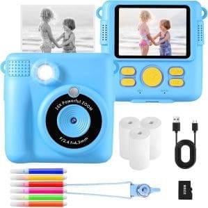 AORILE Kinderkamera Sofortbildkamera für Kinder, 1080P HD-Digitalkamera mit 32G SD-Karte, 3 Rollen Druckpapier und 6 Farbstiften, Geburtstagsgeschenk für Kinder 3–14 Jahre (Blau)