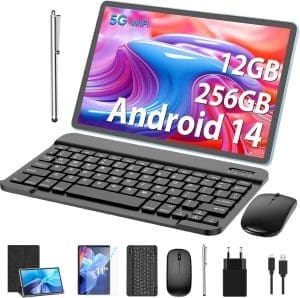 Android Tablet,11 Zoll Tablet Android 14 mit Tastatur, 12GB+256GB, 1TB Expand, Tablet PC mit Octa-Core, 8000mAh, 2.4G/5G WiFi, 13MP+5MP Kamera, 2 in 1 Tablet mit Tastatur Tasche, Maus, Stylus( Schwarz)