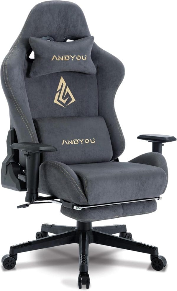 Andyou Gaming Stuhl, Ergonomischer Gaming Stuhl MIT FUTTSTUTZE, Mistungsaktiver PC Stuhl Mit Verstellbare Lendenkissen, Koopfkissen und Armlerne, 150 kg Belastbarkeit DrehSessel, Grau, Grau