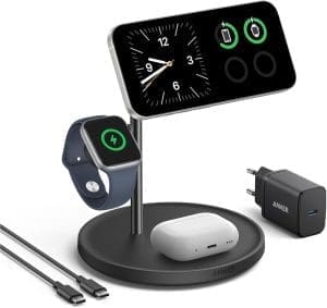 Anker MagGo 3-in-1 Kabellose Ladestation, 15W kabelloser Ladeständer, MagSafe-kompatibel, Qi2-zertifiziert, für iPhone 16/15/14/13 Serie, AirPods Pro, Apple Watch Ultra (Mit USB-C Netzteil und Kabel)