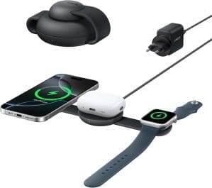 Anker MagGo 3-in-1 Kabellose Ladestation (mit EU/US/UK Stecker), MagSafe-Kompatibles Qi2-Zertifiziertes 15W Ladegerät, Faltbares Reise-Ladepad für iPhone 16/15, AirPods, Apple Watch (Keine Powerbank)